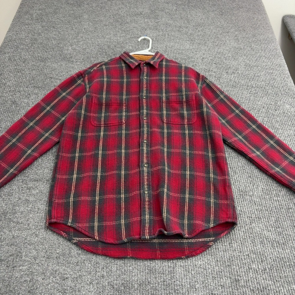 Eddie Bauer Shirt Mens LT Red Cotton Brawny Flannel Plaid Corduroy Trim Heritage